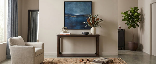 English Elm Video 55 Inch Espresso Console Table with Arch Apron Pine Legs and Bottom Shelf N759P447645T