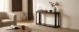 English Elm Video 55 Inch Espresso Console Table with Arch Apron Pine Legs and Bottom Shelf N759P447645T