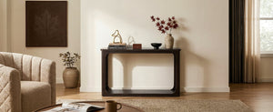 English Elm Video 55 Inch Espresso Console Table with Arch Apron Pine Legs and Bottom Shelf N759P447645T