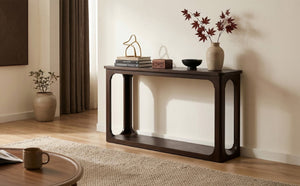 English Elm Video 55 Inch Espresso Console Table with Arch Apron Pine Legs and Bottom Shelf N759P447645T