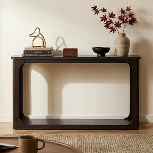 English Elm Video 55 Inch Espresso Console Table with Arch Apron Pine Legs and Bottom Shelf N759P447645T