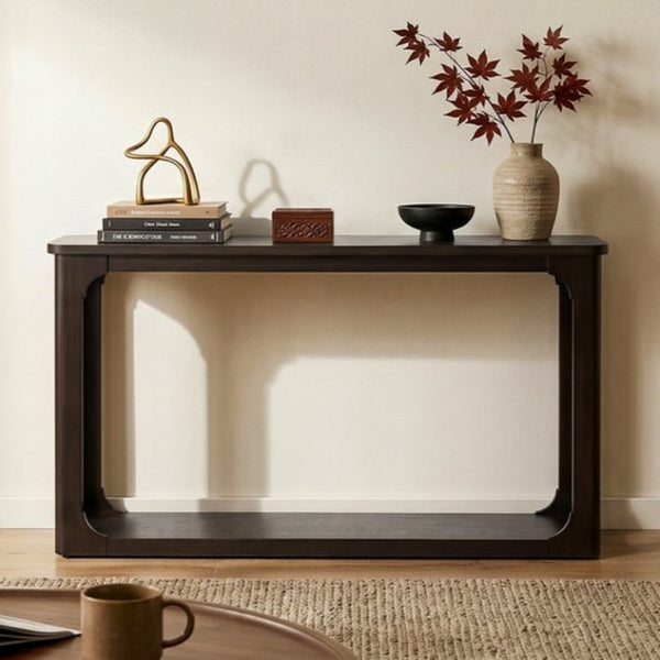 English Elm Video 55 Inch Espresso Console Table with Arch Apron Pine Legs and Bottom Shelf N759P447645T