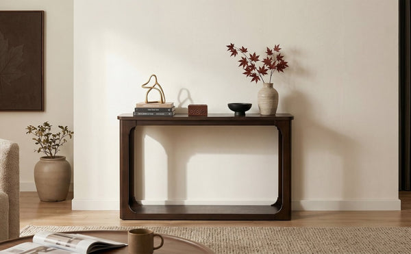 English Elm Video 55 Inch Espresso Console Table with Arch Apron Pine Legs and Bottom Shelf N759P447645T
