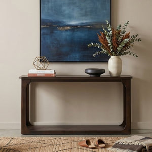 English Elm Video 55 Inch Espresso Console Table with Arch Apron Pine Legs and Bottom Shelf N759P447645T