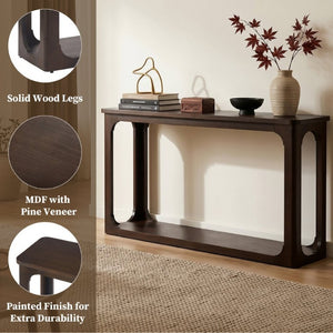 English Elm Video 55 Inch Espresso Console Table with Arch Apron Pine Legs and Bottom Shelf N759P447645T