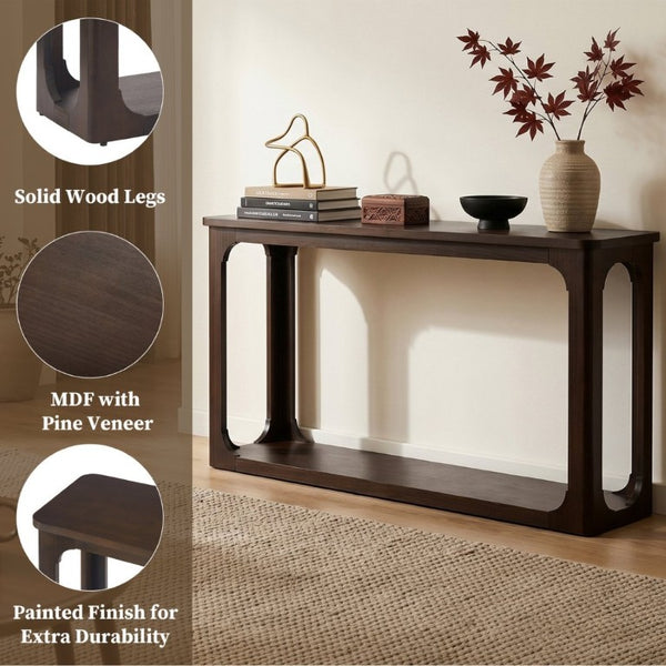 English Elm Video 55 Inch Espresso Console Table with Arch Apron Pine Legs and Bottom Shelf N759P447645T