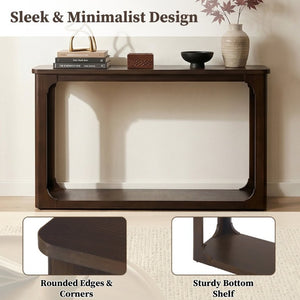 English Elm Video 55 Inch Espresso Console Table with Arch Apron Pine Legs and Bottom Shelf N759P447645T