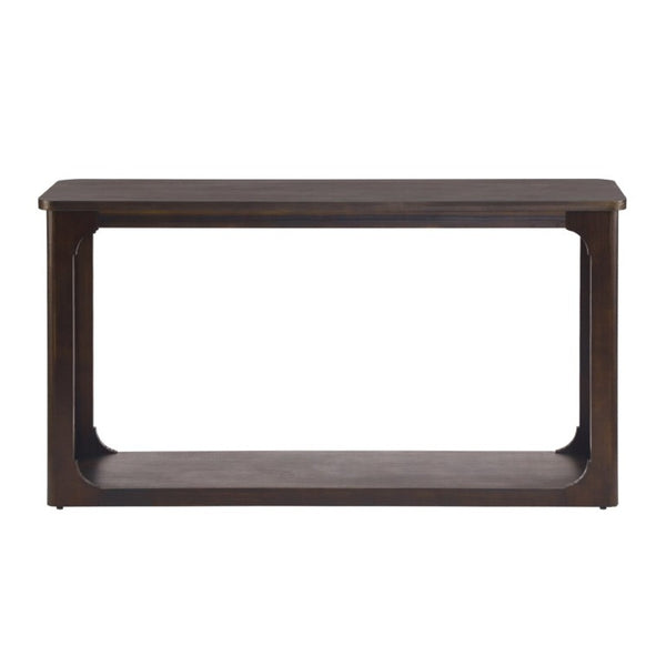 English Elm Video 55 Inch Espresso Console Table with Arch Apron Pine Legs and Bottom Shelf N759P447645T