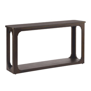 English Elm Video 55 Inch Espresso Console Table with Arch Apron Pine Legs and Bottom Shelf N759P447645T