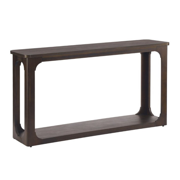 English Elm Video 55 Inch Espresso Console Table with Arch Apron Pine Legs and Bottom Shelf N759P447645T