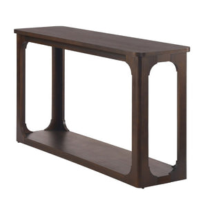 English Elm Video 55 Inch Espresso Console Table with Arch Apron Pine Legs and Bottom Shelf N759P447645T