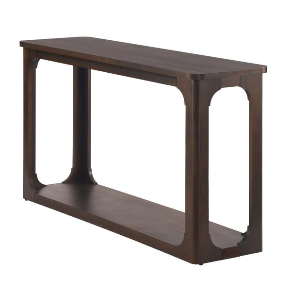 English Elm Video 55 Inch Espresso Console Table with Arch Apron Pine Legs and Bottom Shelf N759P447645T
