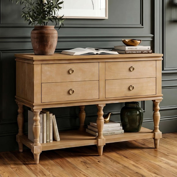 English Elm Video Farmhouse Pine Console Table Four Soft Close Drawers Turned Legs Entryway Storage N759P447650N