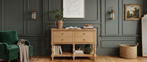 English Elm Video Farmhouse Pine Console Table Four Soft Close Drawers Turned Legs Entryway Storage N759P447650N