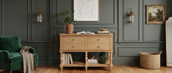 English Elm Video Farmhouse Pine Console Table Four Soft Close Drawers Turned Legs Entryway Storage N759P447650N