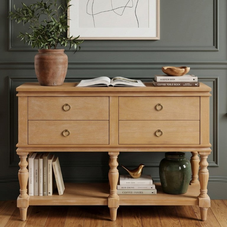English Elm Video Farmhouse Pine Console Table Four Soft Close Drawers Turned Legs Entryway Storage N759P447650N