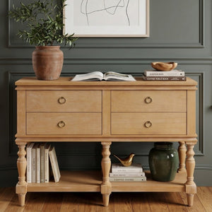 English Elm Video Farmhouse Pine Console Table Four Soft Close Drawers Turned Legs Entryway Storage N759P447650N