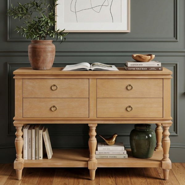 English Elm Video Farmhouse Pine Console Table Four Soft Close Drawers Turned Legs Entryway Storage N759P447650N