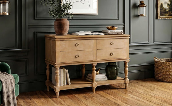 English Elm Video Farmhouse Pine Console Table Four Soft Close Drawers Turned Legs Entryway Storage N759P447650N