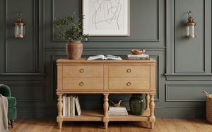 English Elm Video Farmhouse Pine Console Table Four Soft Close Drawers Turned Legs Entryway Storage N759P447650N