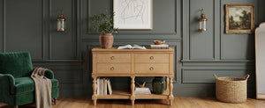 English Elm Video Farmhouse Pine Console Table Four Soft Close Drawers Turned Legs Entryway Storage N759P447650N