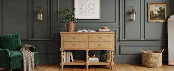 English Elm Video Farmhouse Pine Console Table Four Soft Close Drawers Turned Legs Entryway Storage N759P447650N