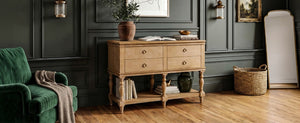 English Elm Video Farmhouse Pine Console Table Four Soft Close Drawers Turned Legs Entryway Storage N759P447650N