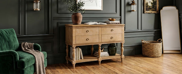 English Elm Video Farmhouse Pine Console Table Four Soft Close Drawers Turned Legs Entryway Storage N759P447650N