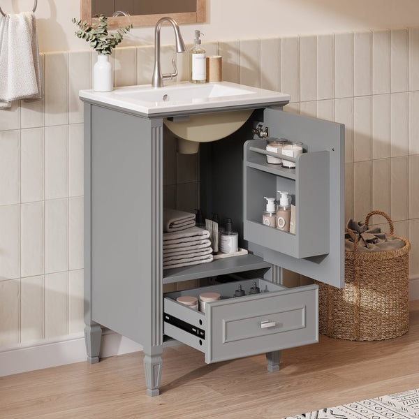 English Elm [video] Freestanding Bathroom Vanity Solid Rubberwood Legs Ceramic Sink Soft-close Storage Cabinet Grey N759P448333E