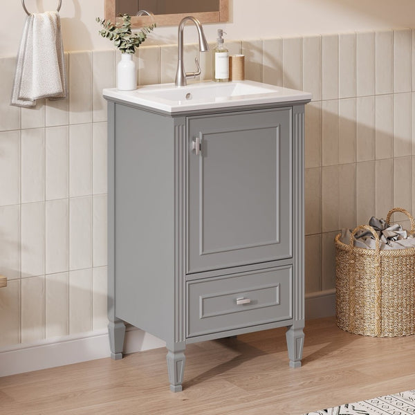 English Elm [video] Freestanding Bathroom Vanity Solid Rubberwood Legs Ceramic Sink Soft-close Storage Cabinet Grey N759P448333E