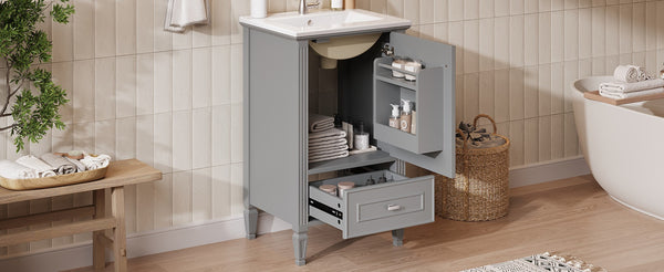 English Elm [video] Freestanding Bathroom Vanity Solid Rubberwood Legs Ceramic Sink Soft-close Storage Cabinet Grey N759P448333E