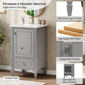 English Elm [video] Freestanding Bathroom Vanity Solid Rubberwood Legs Ceramic Sink Soft-close Storage Cabinet Grey N759P448333E
