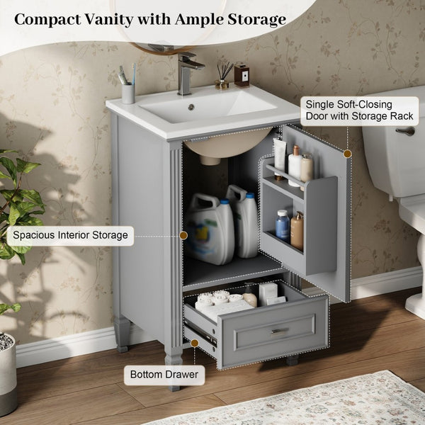 English Elm [video] Freestanding Bathroom Vanity Solid Rubberwood Legs Ceramic Sink Soft-close Storage Cabinet Grey N759P448333E