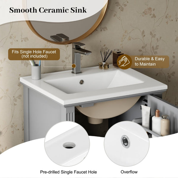 English Elm [video] Freestanding Bathroom Vanity Solid Rubberwood Legs Ceramic Sink Soft-close Storage Cabinet Grey N759P448333E