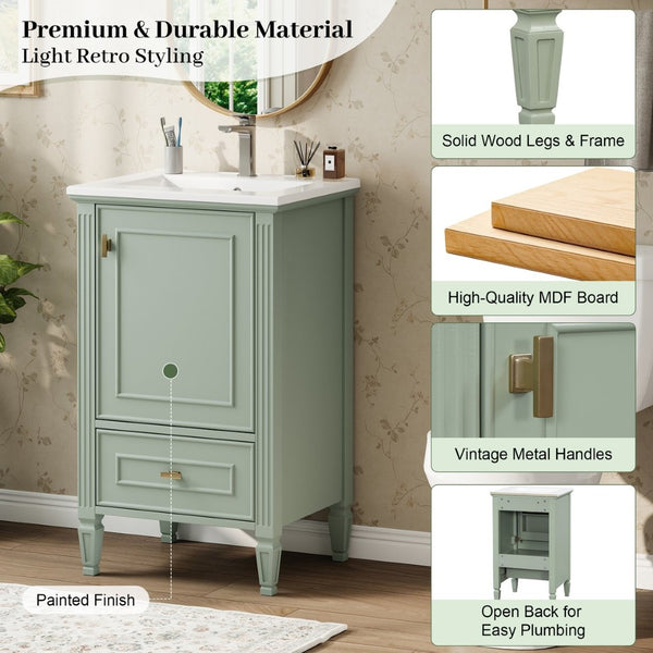 English Elm [video] Freestanding Bathroom Vanity Solid Rubberwood Legs Ceramic Sink Soft-close Storage Cabinet Green N759P448333F