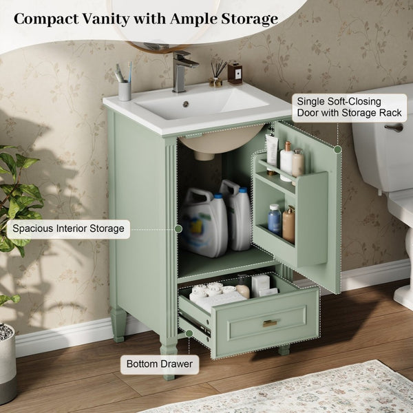 English Elm [video] Freestanding Bathroom Vanity Solid Rubberwood Legs Ceramic Sink Soft-close Storage Cabinet Green N759P448333F