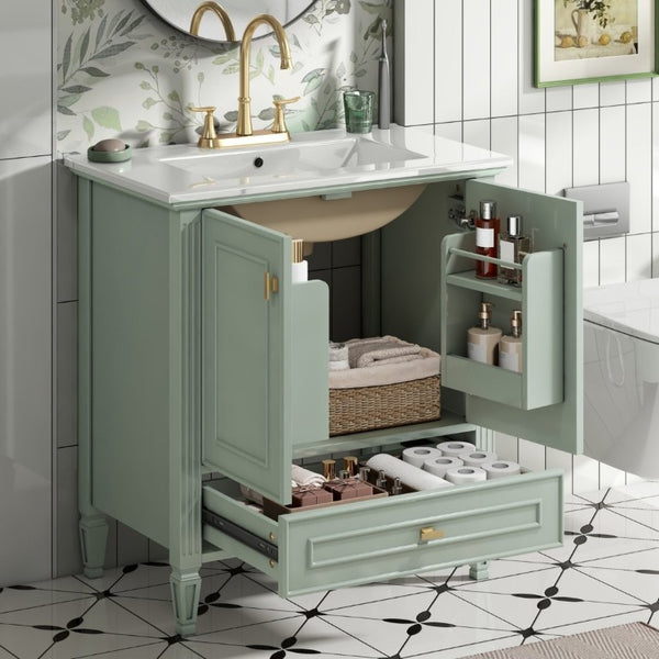 English Elm Video 30 Inch Freestanding Bathroom Vanity Solid Rubberwood Frame with Ceramic Undermount Sink Green N759P448335F