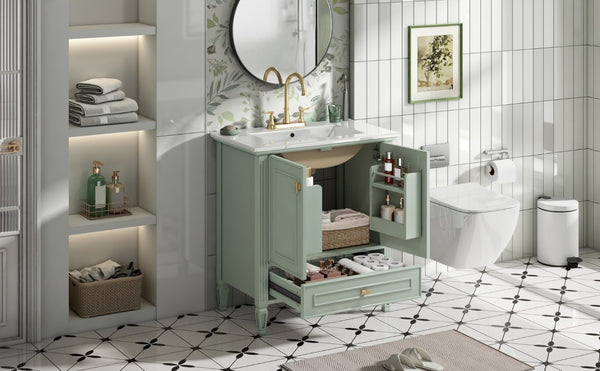 English Elm Video 30 Inch Freestanding Bathroom Vanity Solid Rubberwood Frame with Ceramic Undermount Sink Green N759P448335F