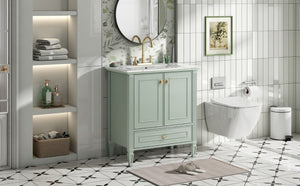 English Elm Video 30 Inch Freestanding Bathroom Vanity Solid Rubberwood Frame with Ceramic Undermount Sink Green N759P448335F