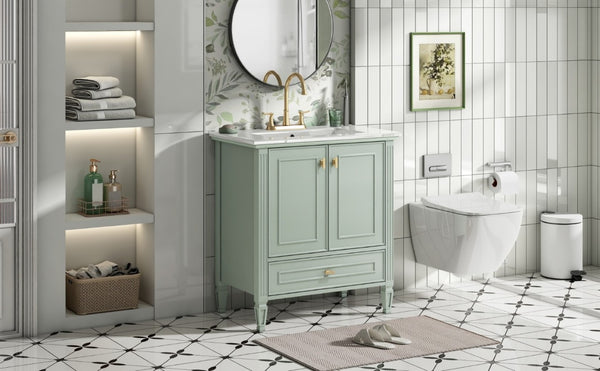 English Elm Video 30 Inch Freestanding Bathroom Vanity Solid Rubberwood Frame with Ceramic Undermount Sink Green N759P448335F