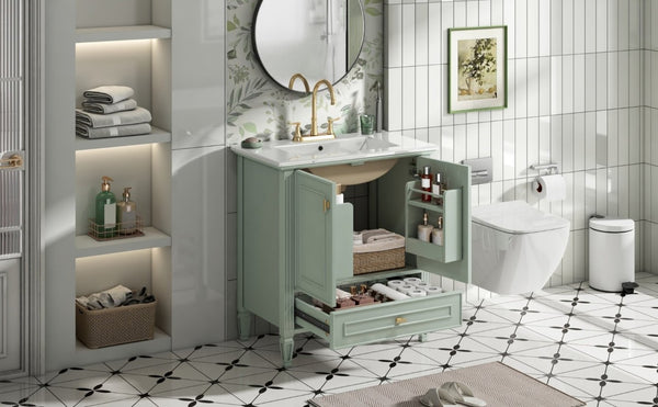 English Elm Video 30 Inch Freestanding Bathroom Vanity Solid Rubberwood Frame with Ceramic Undermount Sink Green N759P448335F