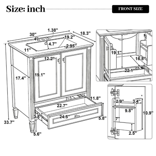 English Elm Video 30 Inch Freestanding Bathroom Vanity Solid Rubberwood Frame with Ceramic Undermount Sink Green N759P448335F