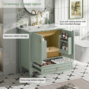 English Elm Video 30 Inch Freestanding Bathroom Vanity Solid Rubberwood Frame with Ceramic Undermount Sink Green N759P448335F