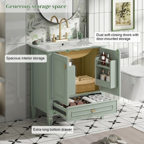 English Elm Video 30 Inch Freestanding Bathroom Vanity Solid Rubberwood Frame with Ceramic Undermount Sink Green N759P448335F