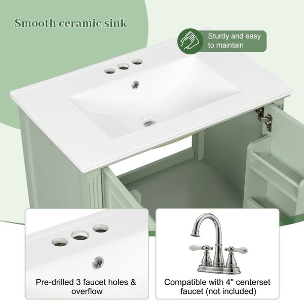 English Elm Video 30 Inch Freestanding Bathroom Vanity Solid Rubberwood Frame with Ceramic Undermount Sink Green N759P448335F
