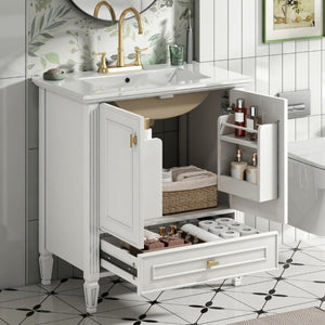 English Elm Video 30 Inch Freestanding Bathroom Vanity Solid Rubberwood Frame with Ceramic Undermount Sink White N759P448335K