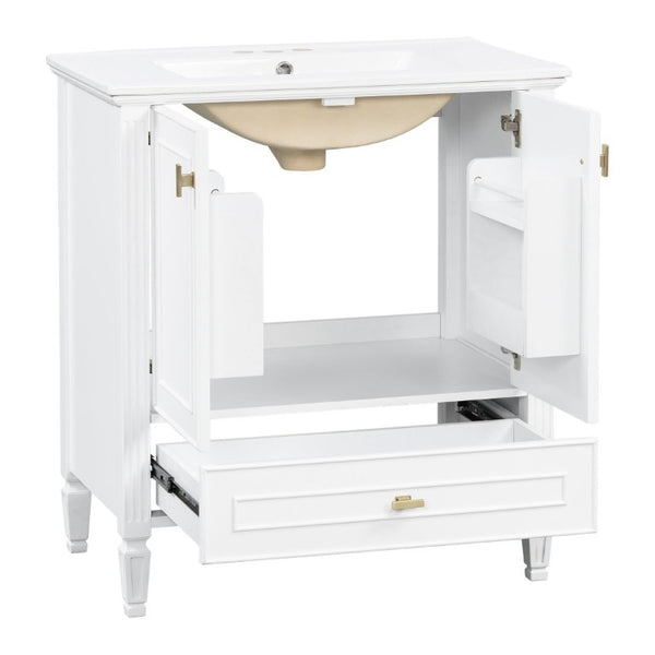 English Elm Video 30 Inch Freestanding Bathroom Vanity Solid Rubberwood Frame with Ceramic Undermount Sink White N759P448335K