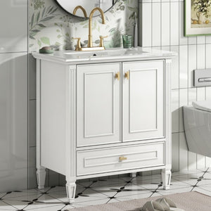 English Elm Video 30 Inch Freestanding Bathroom Vanity Solid Rubberwood Frame with Ceramic Undermount Sink White N759P448335K