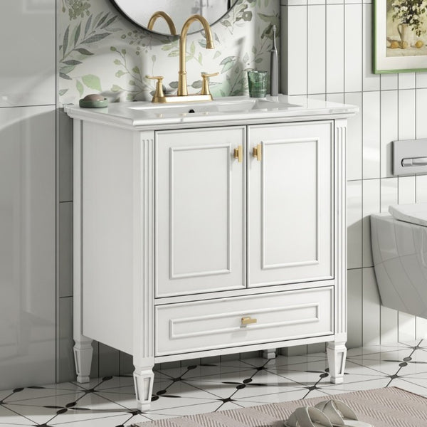 English Elm Video 30 Inch Freestanding Bathroom Vanity Solid Rubberwood Frame with Ceramic Undermount Sink White N759P448335K