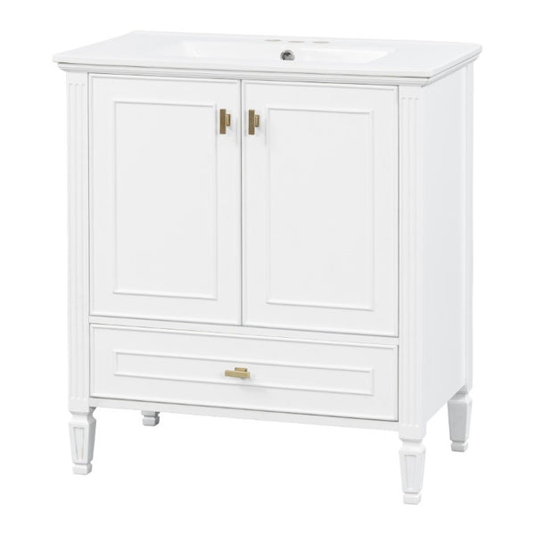 English Elm Video 30 Inch Freestanding Bathroom Vanity Solid Rubberwood Frame with Ceramic Undermount Sink White N759P448335K